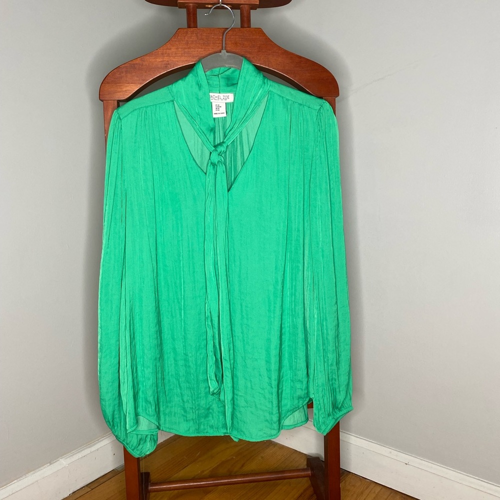 Apple green, tie neck, Rachel Zoe blouse.